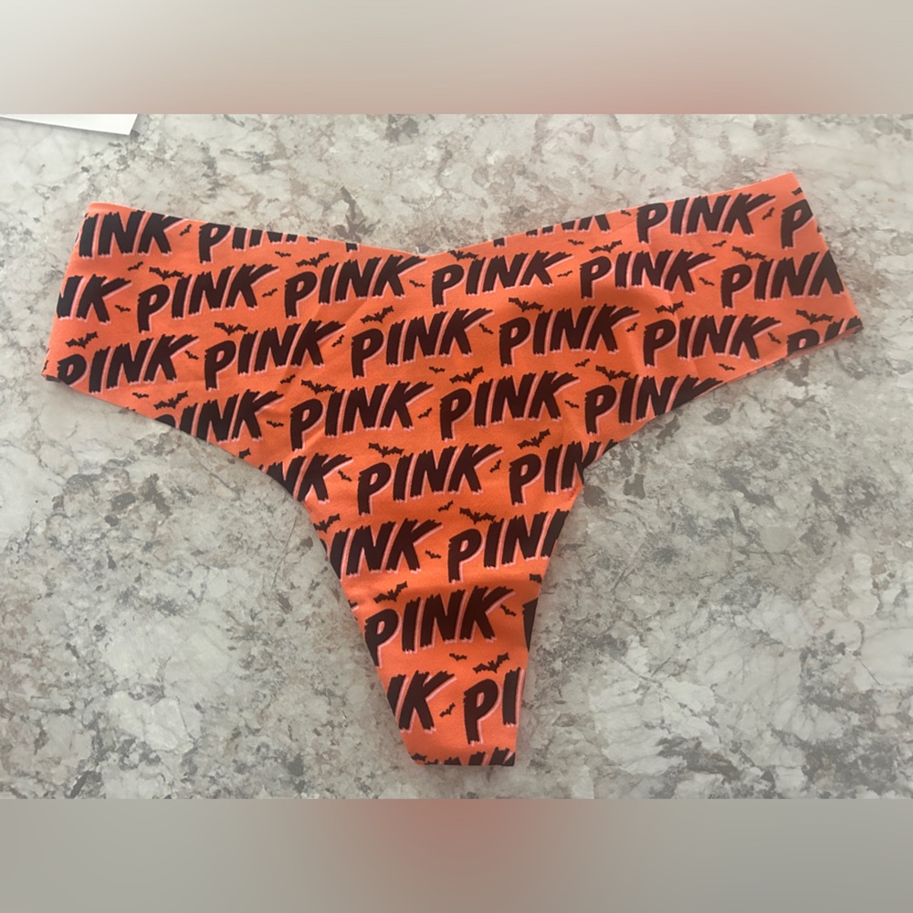 VS PINK Halloween Orange Bat thong panty Large NWT